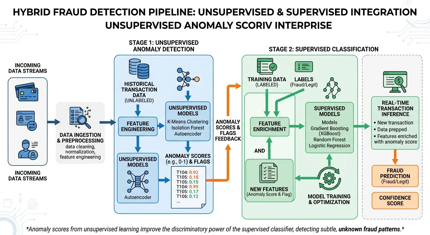Hybrid AI fraud detection architecture combining unsupervised and supervised models