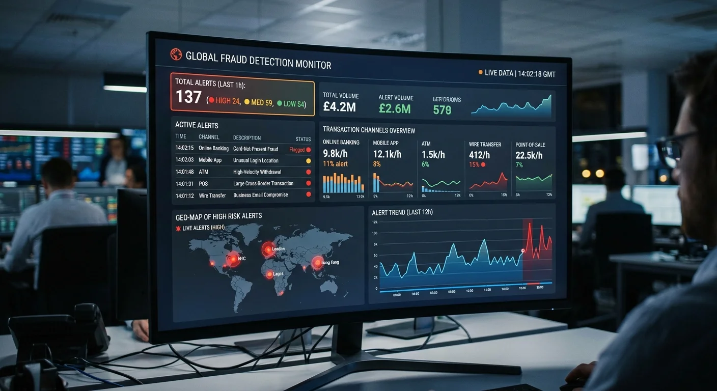 Real-time AI fraud detection dashboard with anomaly alerts and risk scores