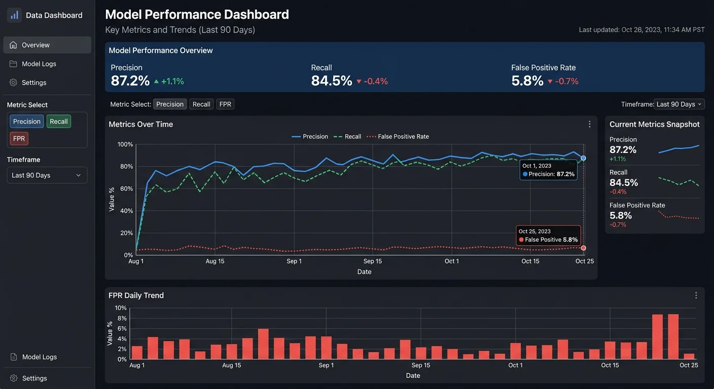 AI anomaly detection model performance monitoring dashboard for cybersecurity operations