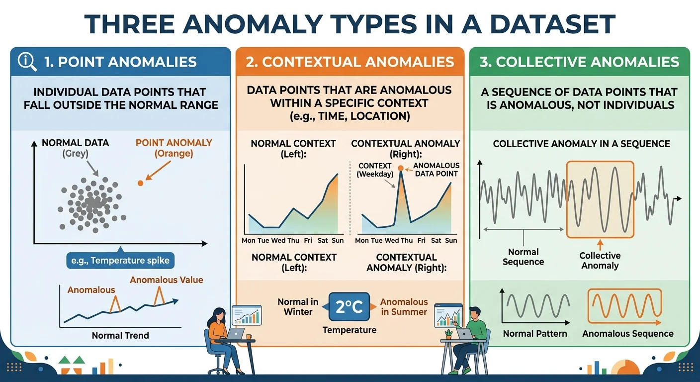 Illustration of point, contextual, and collective data anomaly types