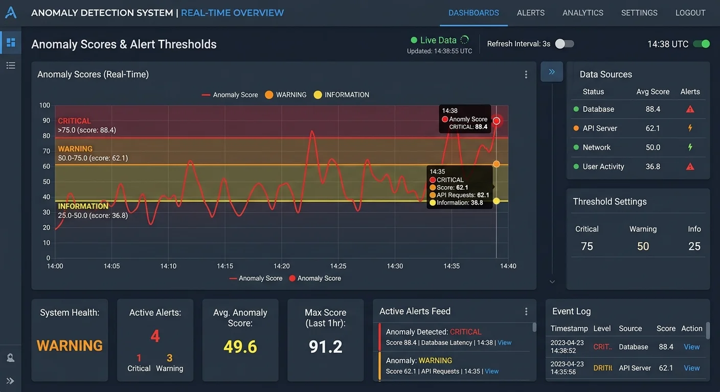 Real-time anomaly detection monitoring dashboard with alert severity levels